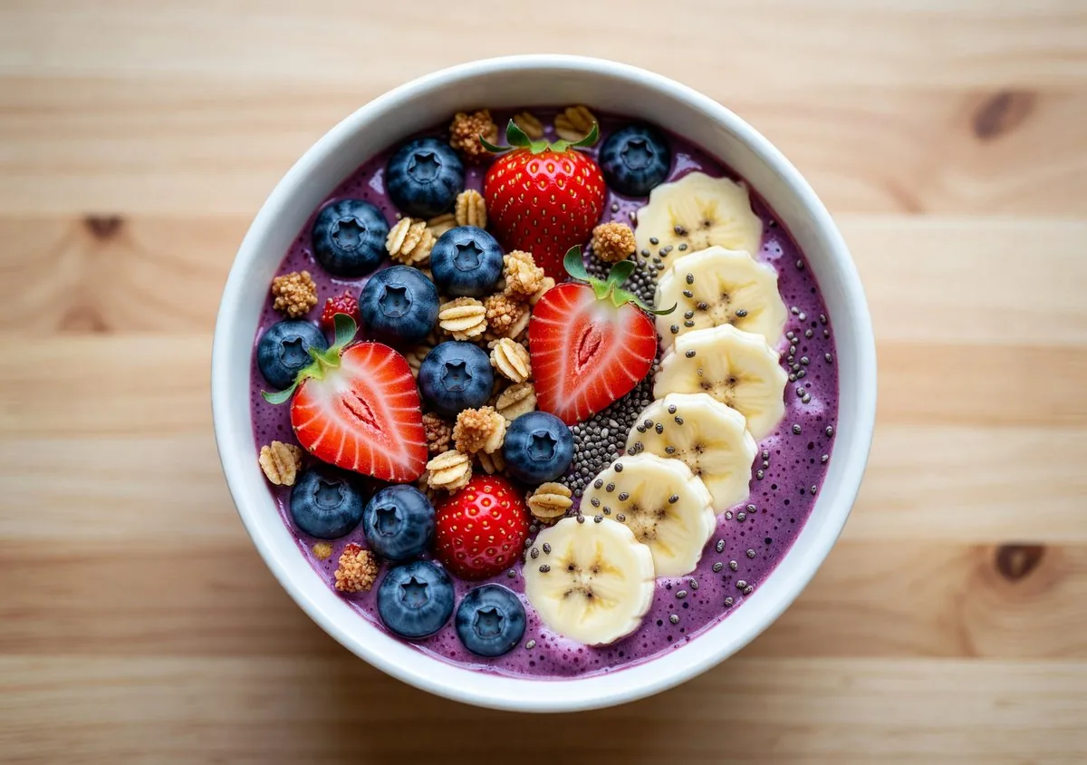 Berry smoothie bowl topped with granola and fresh fruit