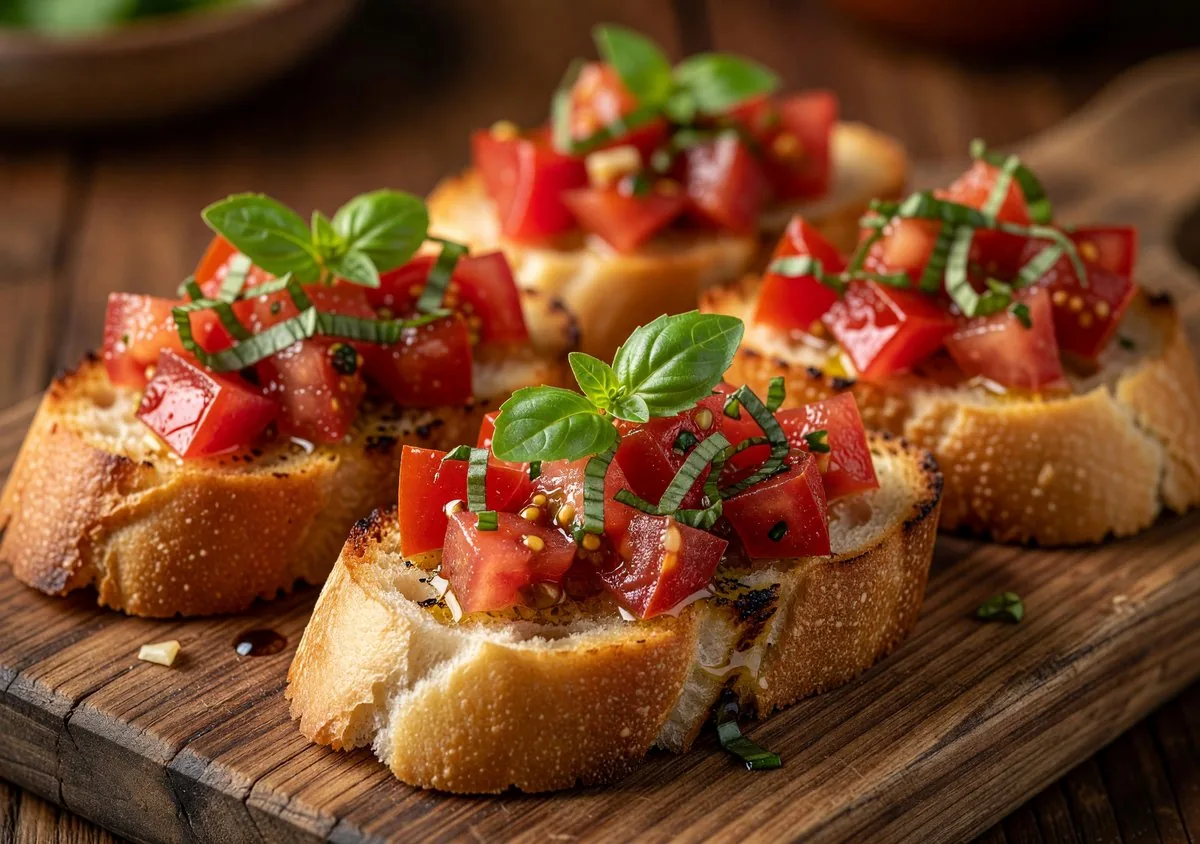 Fresh bruschetta with tomato and basil on toasted bread