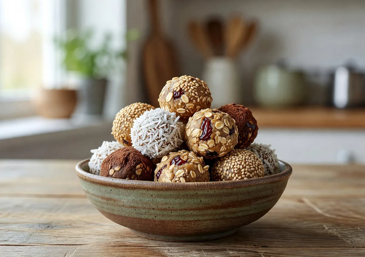 No-bake oat and nut energy balls on a plate