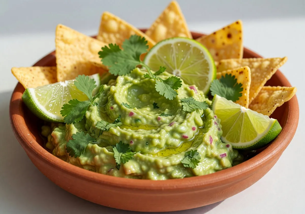 Fresh guacamole in a bowl with tortilla chips
