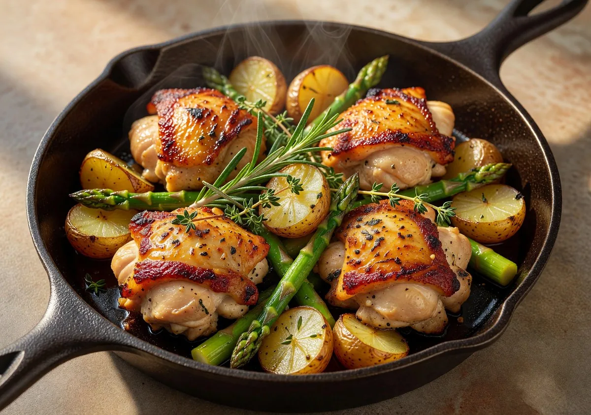 Lemon garlic chicken pan dish with herbs