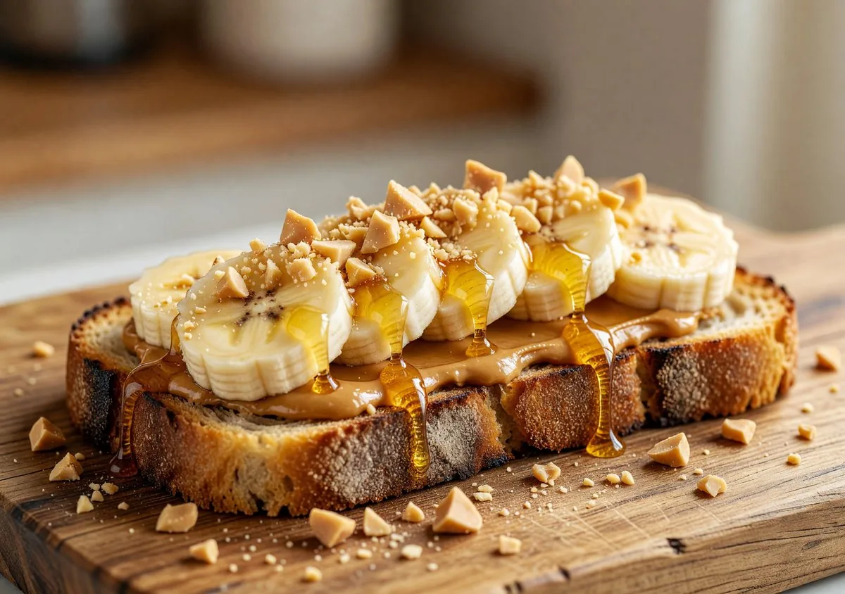 Peanut butter and banana toast with honey drizzle