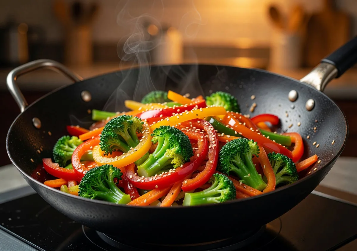 Colourful vegetable stir-fry in a wok