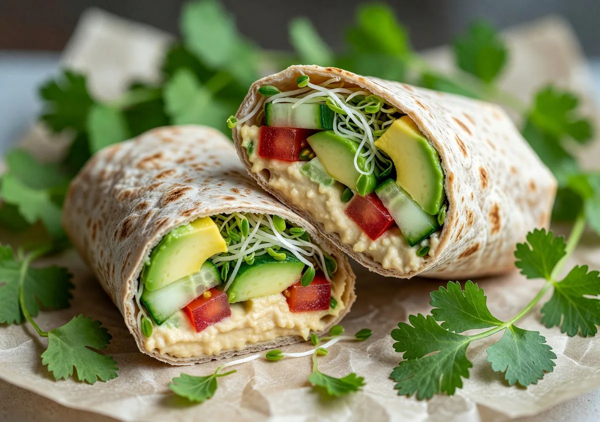 Vegetable wrap cut in half showing colourful filling