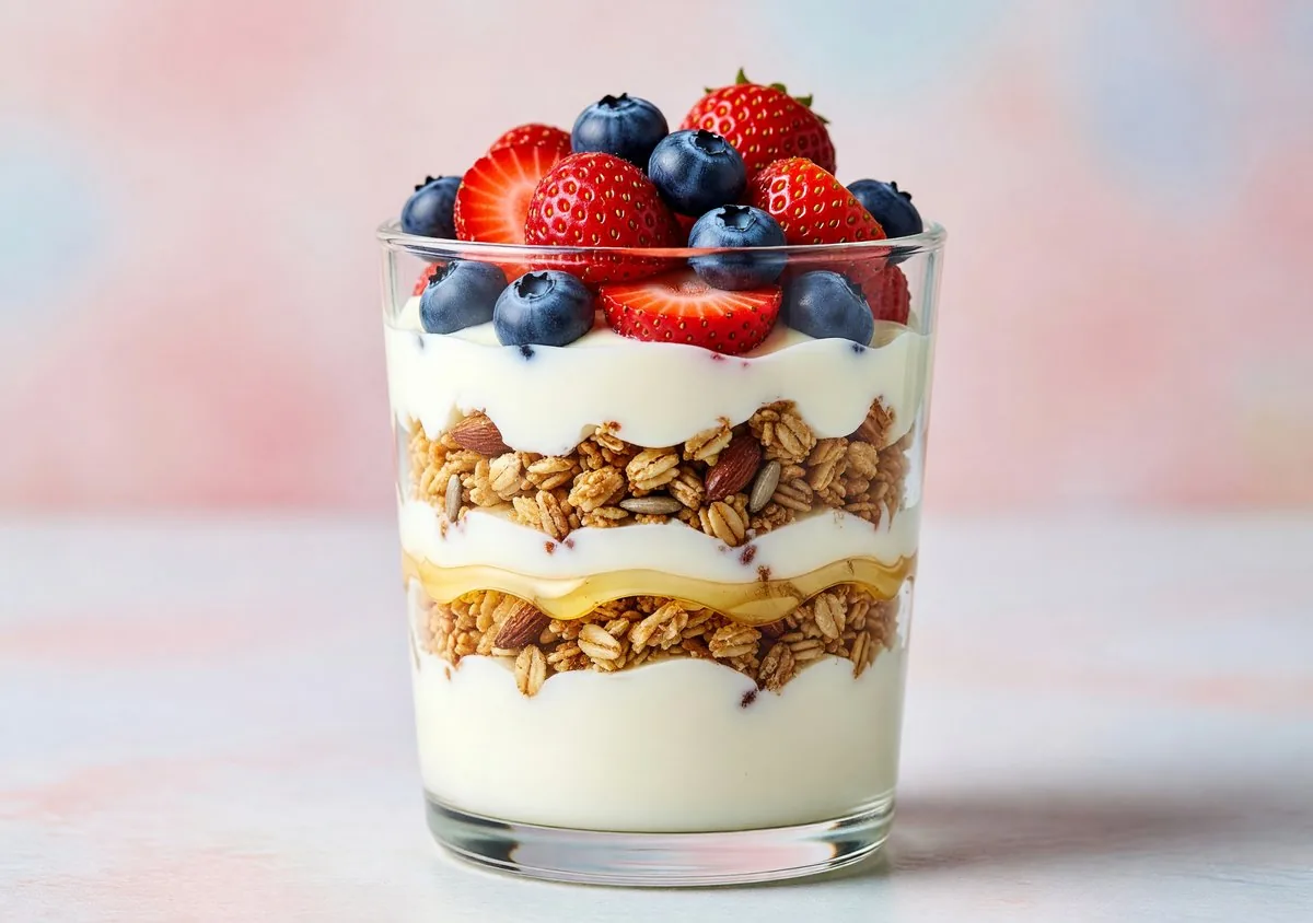 Layered yogurt parfait with fruit and granola — a simple, everyday recipe